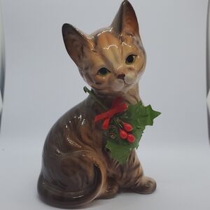 Ceramic Cat Figurine with Holly Decoration